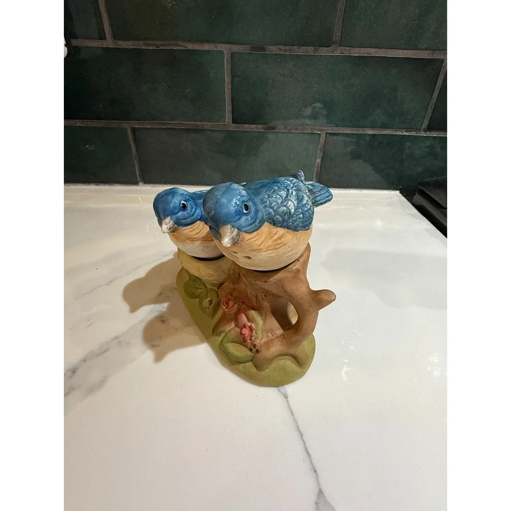 Vintage Ceramic Blue Birds sitting on a tree Salt and Pepper Shaker 3 Piece